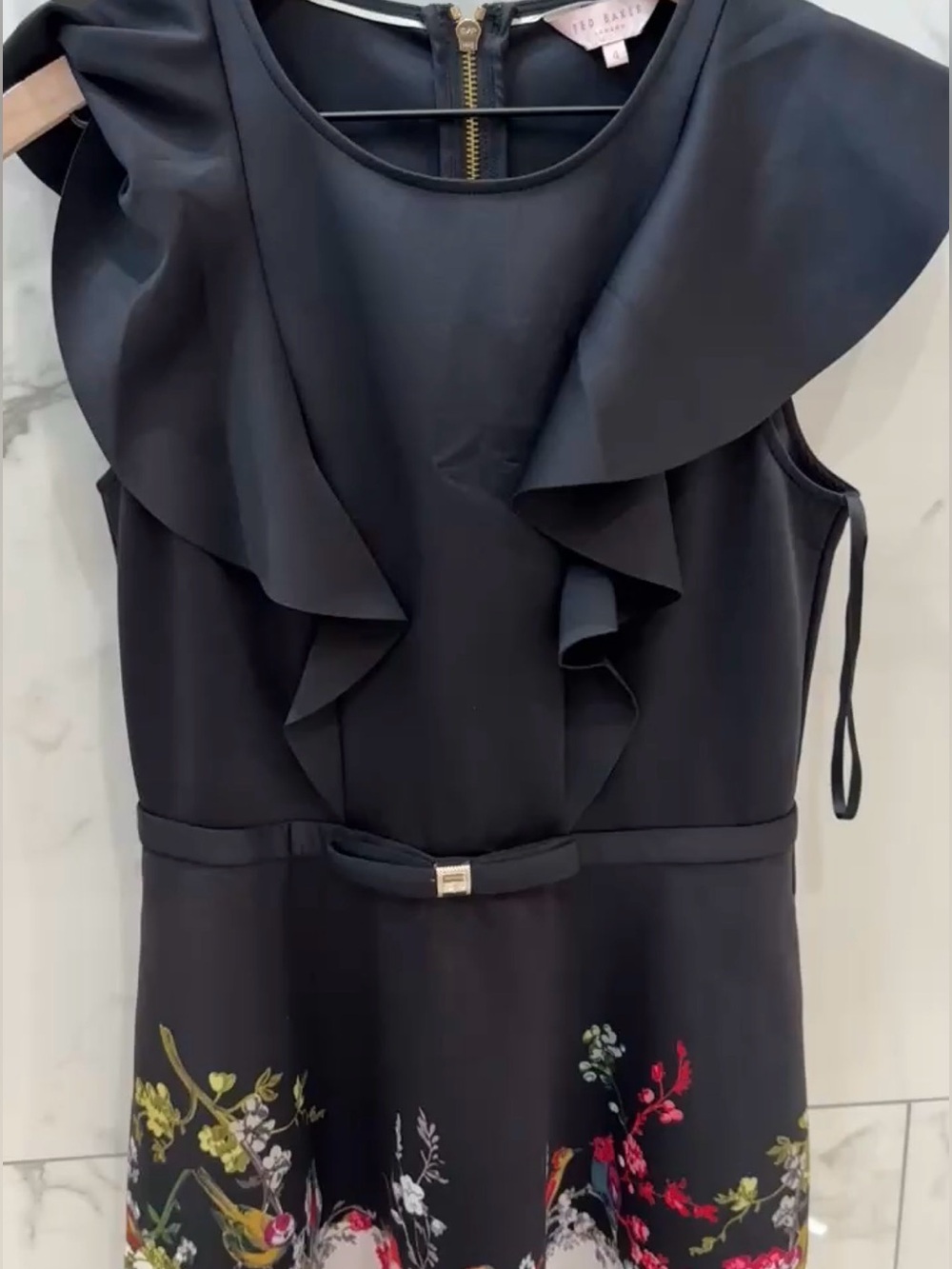 Ted Baker Black Ruffle Floral Print Dress Women’s Size 4 Fit & Flare
